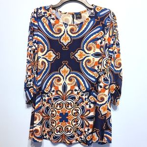 New Directions Blue & Cream Paisley Pattern Ruched 3/4 Sleeve Stretchy Blouse